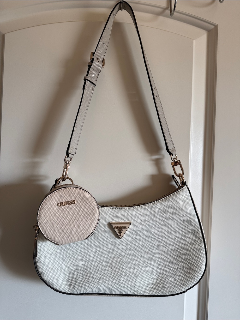 GUESS White and Light Pink Shoulder Bag with Matching Round Coin Pouch